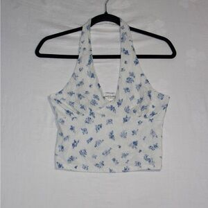 Y2K Lacy Floral Halter Crop Top Lace Trim Blue White Floral Print Size Medium
